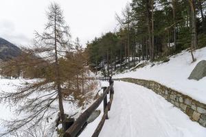 fotgängare promenad längs en frusen fjällsjö med snö foto