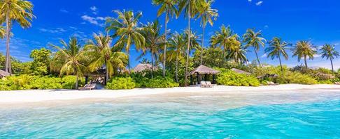 tropisk resort hotell strandparadis. fantastisk natur, kust, strand. sommarlov, reseäventyr. lyxigt semesterlandskap, fantastisk havslagun, palmer med blå himmel. koppla av idyllisk inspirera stranden foto