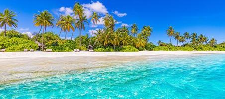 panoramautsikt över Maldiverna Island Beach. tropiskt landskap sommarpanorama, vit sand med palmer havet. lyxresor semesterdestination. exotiska strandlandskap. fantastisk natur, slappna av, frihet natur foto
