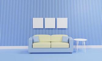 minimalistiskt vardagsrum med soffa mot blå vägg, 3d-rendering foto
