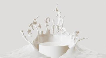mjölk stänk i podiet vit isolerad på vit bakgrund, 3D-rendering foto