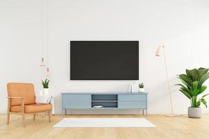 minimalistiskt vardagsrum med tv-skåp på den vita väggen och orange fåtölj. 3d-rendering foto