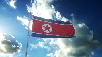Nordkoreas flagga viftande i vinden mot vacker blå himmel. 3d-rendering foto