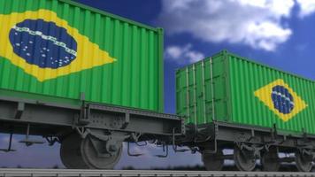 containrar med Brasiliens flagga. järnvägstransporter. 3d-rendering foto