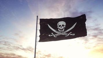 realistisk piratflagga vajande i vinden mot djup dramatisk himmel. 3d illustration foto