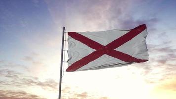 alabamas flagga vajar i vinden. dramatisk himmel bakgrund. 3d illustration foto