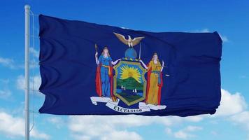 new york flagga på en flaggstång vajande i vinden, blå himmel bakgrund. 3d-rendering foto