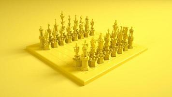 schackbräde och pjäser isolerad på gul bakgrund. 3d illustration foto