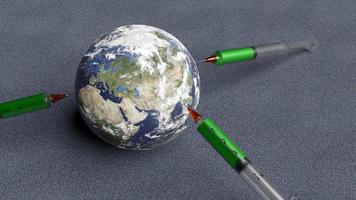 medicinsk spruta med en nål vaccinerade planeten jorden. 3d-rendering. delar av denna bild från nasa. foto