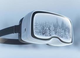 virtual reality-headset, dubbelexponering. mystiska vinterlandskap majestätiska berg i . foto