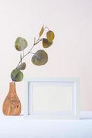 fotoram med eukalyptus gren i trä vas på pastell tema bakgrund foto