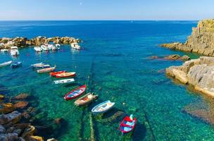 fiska färgglada mångfärgade båtar på genomskinligt klart vatten med synlig botten i liten stenhamn i riomaggiore village nationalpark cinque terre coast, ligurian och Medelhavet, Italien foto