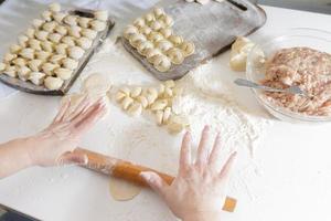 hemgjorda dumplings i köket utan dekorationer. göra dumplings med fläskfärs, nötkött och kyckling foto