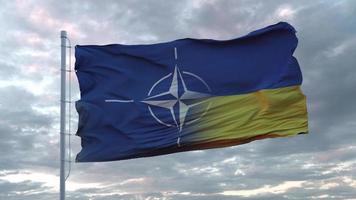 nato och ukrainska flaggan. Nato-flaggan vajar. tecken på nordatlantiska fördragets organisation och ukraina. 3d-rendering foto