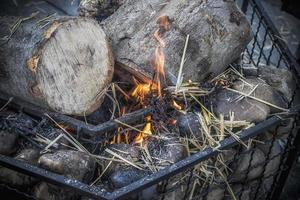 en närbild av brinnande stockar och halm foto