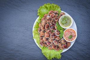 skalade hjärtmusslor med skaldjurssås och grönsakssallad på tallrik träbakgrund, färska råa skaldjur blodmusslor ocean gourmet skaldjur i restaurangen, havssnäckor mat foto