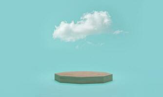 3d-rendering. minimal podium scen med moln på blå bakgrund. abstrakt plattform med cylinderpodium, produktdisplaystativ. foto