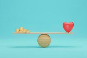 hjärta och pengar skalor koncept. betydelse mellan guldmynt och kärleksbalans i skala. 3d-rendering. foto