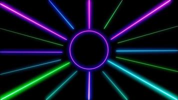 retro cyberpunk stil 80-tal. abstrakt neon färg ljus part ljusa lins utstrålning på svart bakgrund. laser show färgglad design för banners reklam teknik foto