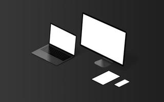 svart, svagt ljus datorskärm, laptop, surfplatta och smartphone mockup isometrisk position. isolerad skärm i vitt för webbsida eller app design marknadsföring foto