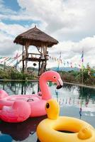 flamingo och anka flyter i poolen på hotellresort. flamingo och anka flyter gummivattenleksaker uppblåsbara i simbassängerna. sommar fritidsaktiviteter och resor semester koncept. foto