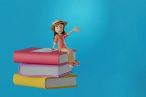 porträtt flicka i rosa överdimensionerad hatt och skjorta, leende söt sitter på en jätte bok eller bok, viftande händer på blå bakgrund, 3d illustration. foto