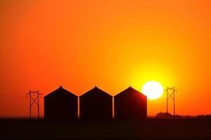 solnedgången bakom saskatchewan metall spannmålsmagasin foto