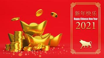 gott kinesiskt nytt år med guldmynt och kinesiskt guldgöt på röd bakgrund, 3d-rendering foto