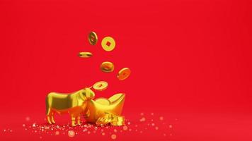 guldmynt och kinesiskt guldgöt på röd bakgrund, 3d-rendering foto