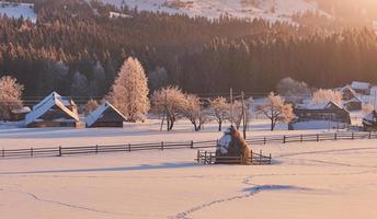 hus i bergen på vintern. foto vykort. karpaterna, ukraina