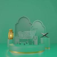 ramadan kareem hälsningsmall med arabiska lyktor, trumma, shoppingväska, procentsymbol och vagn. podium står på bakgrunden för reklamprodukter - 3D-rendering illustration för kort. foto