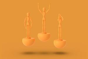 tre leksak man av orange färg på en sport abstrakt piedestal. foto