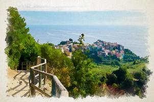 akvarellteckning av corniglia traditionell typisk italiensk by i nationalparken cinque terre foto