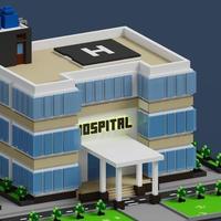 3D voxel rendering av sjukhusbyggnad med vitt, blått, svart, grönt och beige färgschema. perfekt för banner av sjukhuskampanjprogram foto