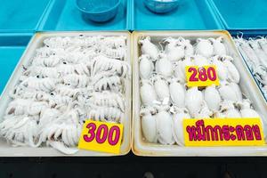 färsk bläckfisk i brickor till försäljning på fiskmarknaden foto