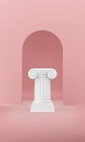 abstrakt podium kolumn på den rosa bakgrunden med båge. segerpiedestalen är ett minimalistiskt koncept. 3d-rendering. foto