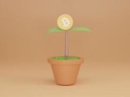 planta växt med bitcoin blomma i kruka på ljus orange bakgrund. kryptovaluta trend. 3d render illustration. foto
