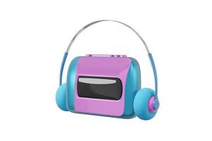 ljudspelare walkman tecknad stil isolerade vit bakgrund. realistiskt koncept leksaksbandspelare, hörlurar blå rosa illustration. 3d-rendering foto