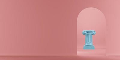 abstrakt podium blå kolumn på den rosa bakgrunden med båge. segerpiedestalen är ett minimalistiskt koncept. 3d-rendering. foto