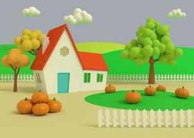 hus i fältet av pumpor på bakgrund av hösten priors. 3d-rendering. pittoreska landsbygden med skörd i tecknad stil. foto