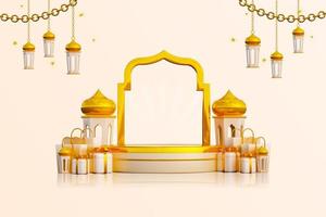 lyxig ramadan hälsningsbakgrundsbanner med 3d-podiumpresentförpackningar och islamiska dekorationsobjekt foto
