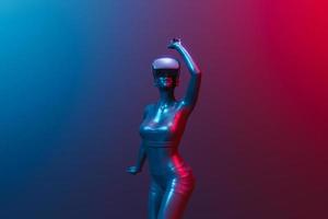 3D-flicka som dansar med virtuell verklighetsglasögon och neonbelysning foto