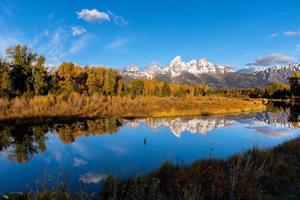 grand tetons reflektion i ormen floden foto