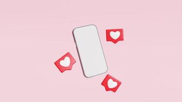 smartphone ramlös tom skärm, med hjärta emoji pratbubbla, socialt nätverk och mobil enhet koncept, 3d illustration foto