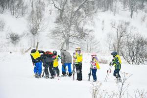 grupp barn lär sig att åka skidor i Bakuriani Ski Academy, Georgien foto