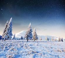 stjärnhimmel i vinter snöig natt. fantastiska Vintergatan foto