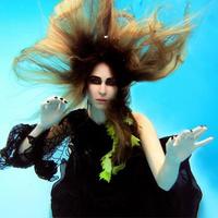 undervattens mode porträtt av vacker blond ung kvinna i svart klänning med druvblad foto