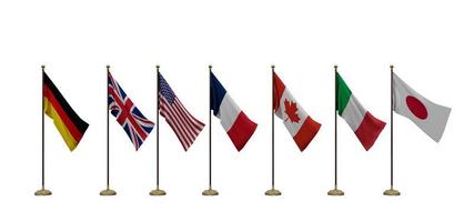 flaggor från g7-länderna. alla officiella nationella flaggor för g7 Kanada, Frankrike, Tyskland, Italien, Japan, Storbritannien, USA. 3d arbete och 3d illustration. isolerade vit bakgrund foto