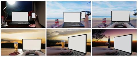 uppsättning av en dator eller bärbar dator med en tom skärm placerad på ett träbord med ett glas vin, öl. arbeta utomhus för rekreation. bergslandskap med tallar och morgonsolljus. 3d-rendering foto