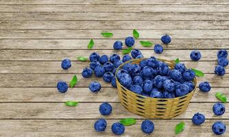 närbild och ovanifrån högen massor av blåbär i en bambukorg. mörka blåbär, fräsch färg, vit mönster droppe på en träbordsyta, tapet eller bakgrund. frukt för hälsosam 3d-rendering foto